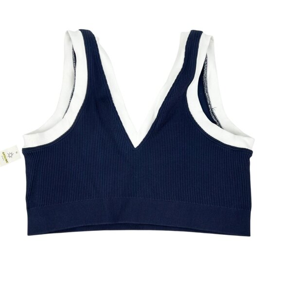 NWT Aerie Ribbed Plunge V-Neck Blue/White Contrast Sports Bra - Picture 2 of 5